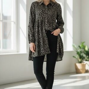 Style & Co. Black Green and White Animal Print Button Down Shirt